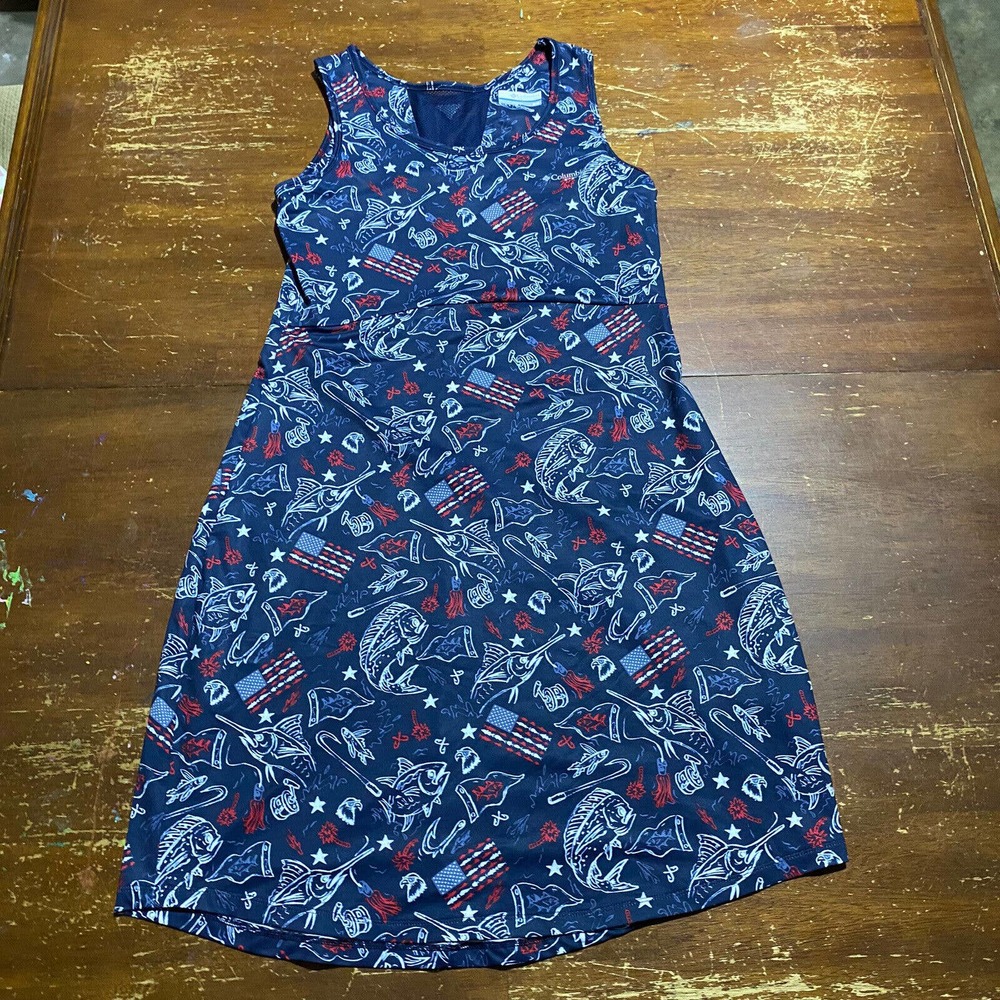 Columbia PFG Midway Bay Blue Spark Americana Fish Print Omni-Wick Freeze Dress M